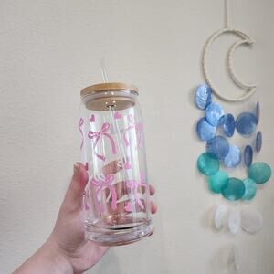 Coquette Pink Bows Balletcore 20 oz Glass Tumbler Cup Bamboo Coffee Matcha Tea